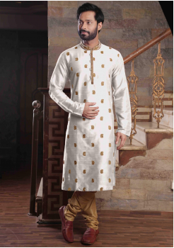 White with Gold printed Color Silk Kurta Set